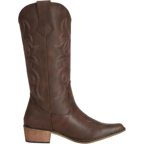 SheSole Western Boots Women Dark Brown Faux Leather Square Toe Wide Mid Calf - Picture 5 of 7